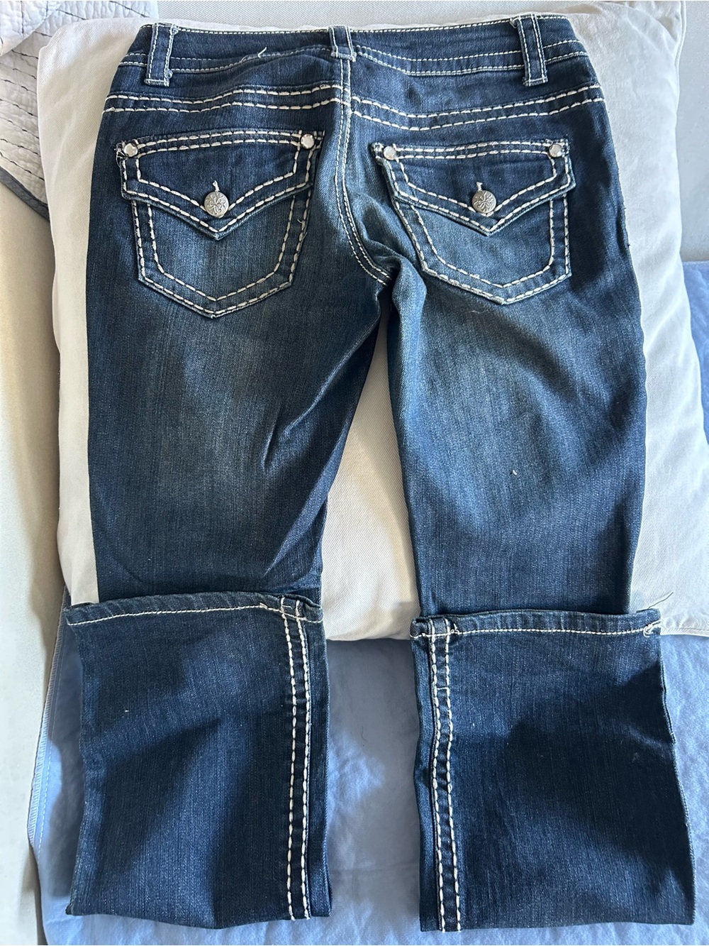 Women's Dark Blue Straight Leg Jeans with White Contrast Stitching
